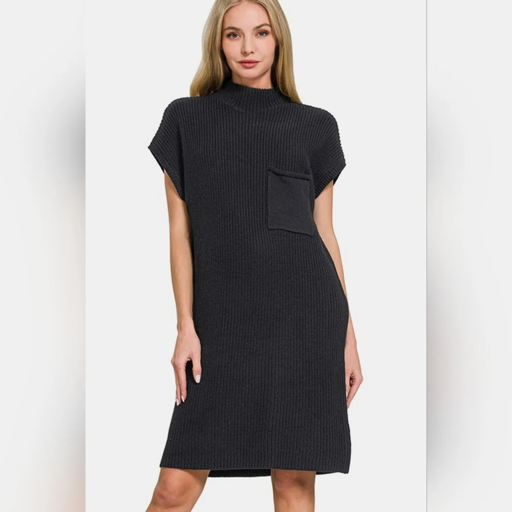 Zenana Mock Neck Short Sleeve Sweater Dress - Picture 1 of 5